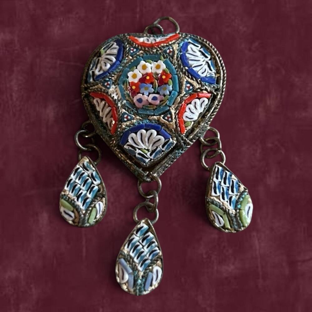 Antique Italian Micro Mosaic Heart Pendant With Dangling Drops
